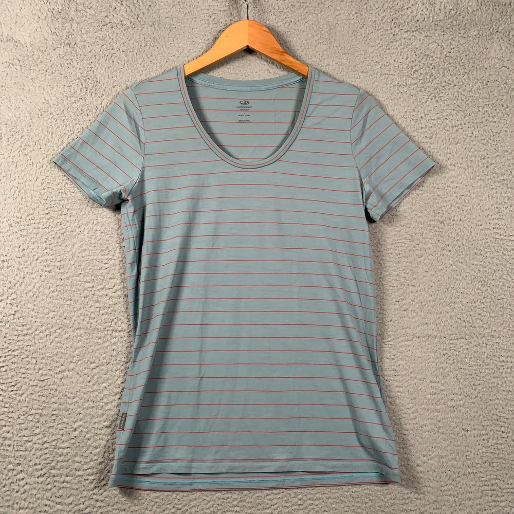 Icebreaker Merino Tech Lite Short Sleeve Scoop Womens Large Blue Striped Wool